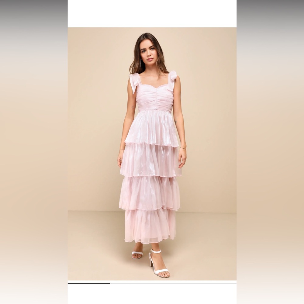 Lulus Radiant Arrival Shiny Pink Organza Tiered Tie-Strap Maxi Dress